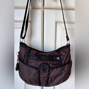 Kipling Chocolate Brown Nylon Shoulder Bag with Black Trim. Cute monkey. Small
